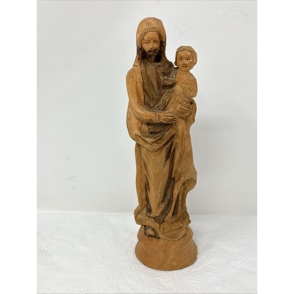 Vintage Carved Olive Wood Virgin Mary Madonna w/ Baby Jesus Christianity